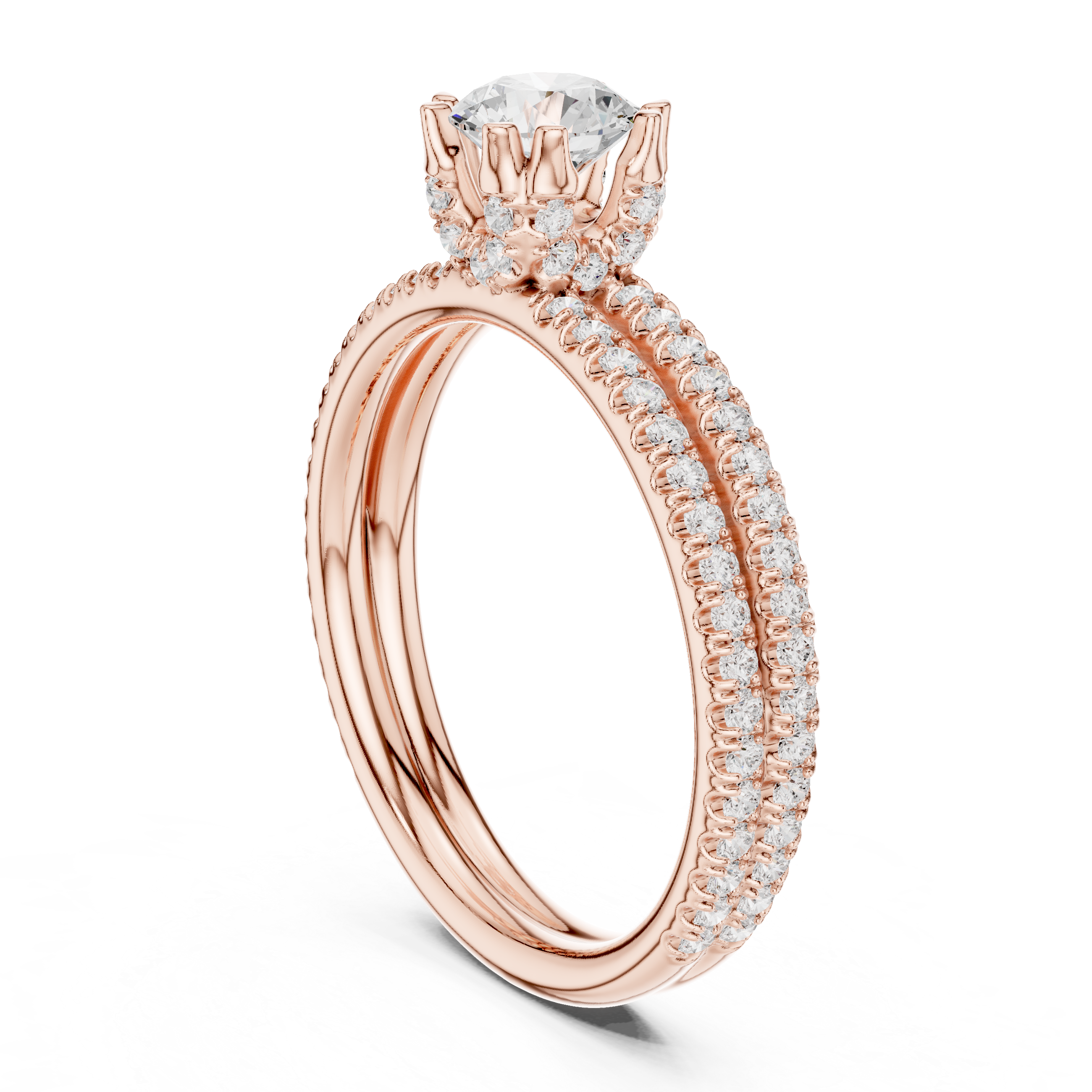 Double Row Pave Round Cut Diamond Engagement Ring