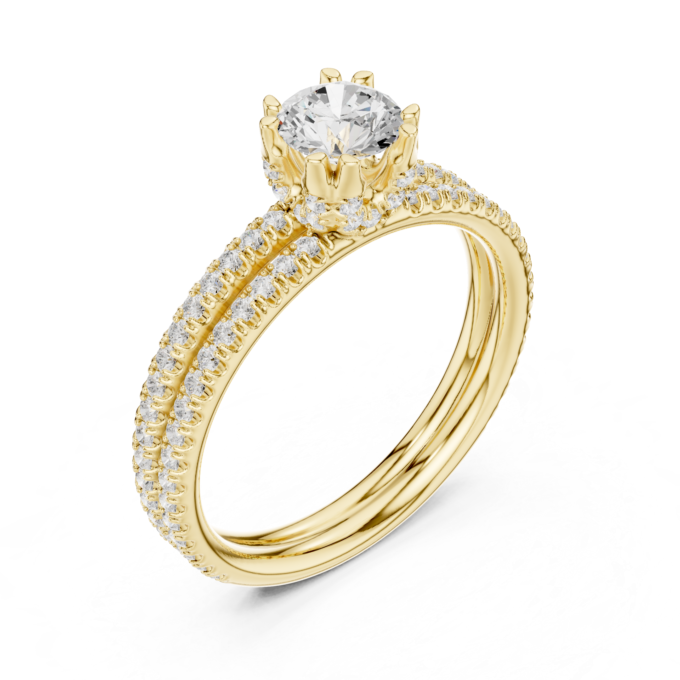 Double Row Pave Round Cut Diamond Engagement Ring