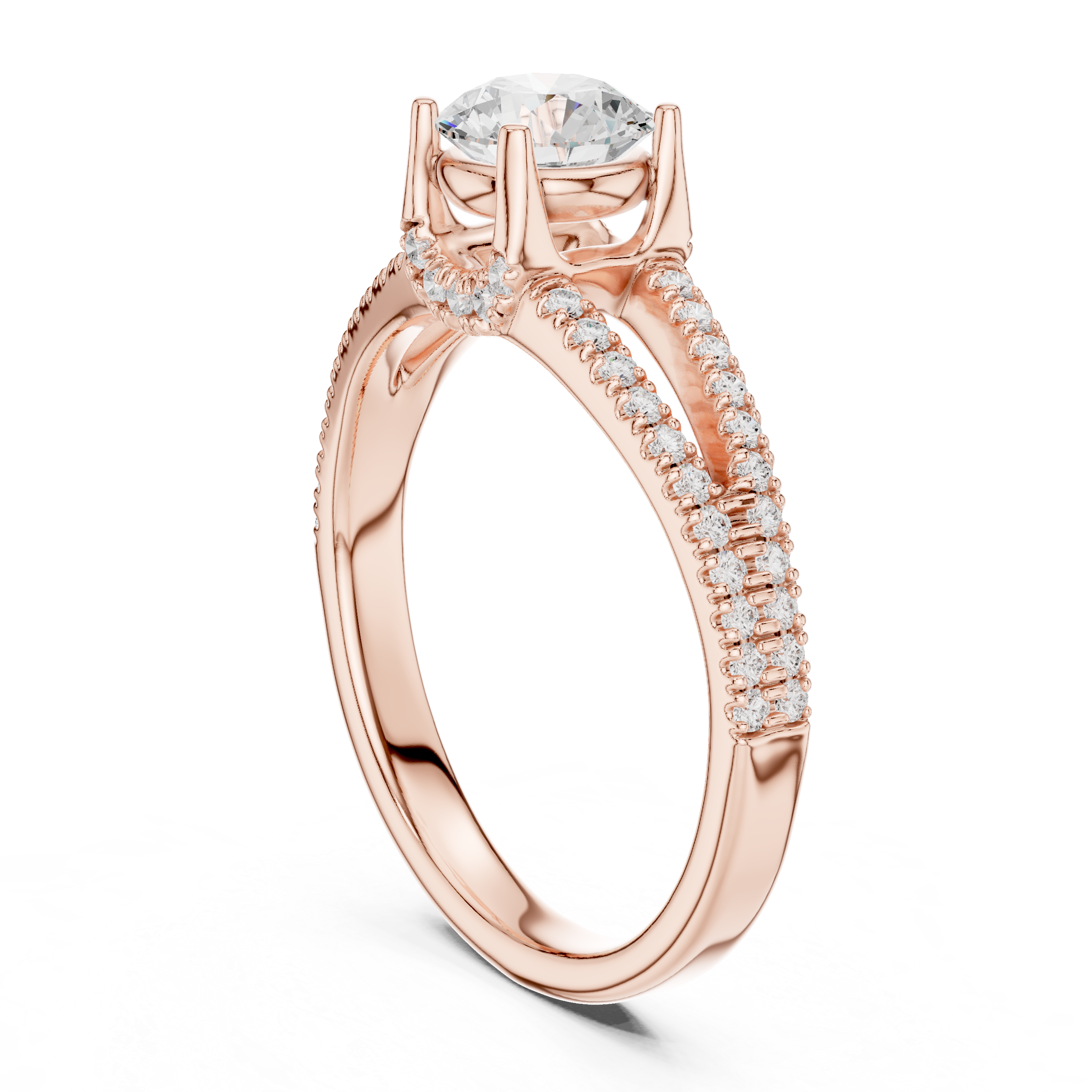Round Cut Diamond Split Shank Engagement Ring with Hidden Halo