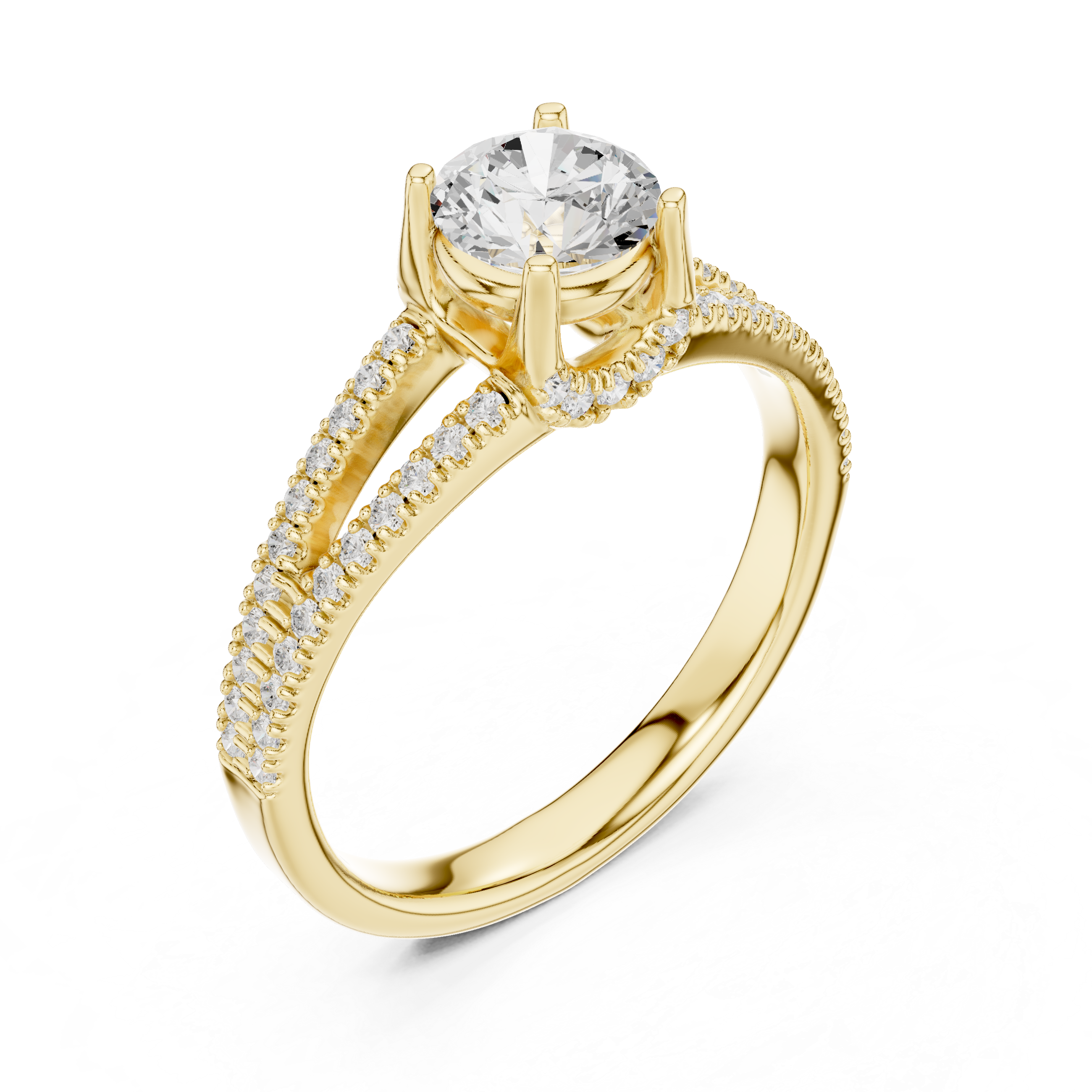 Round Cut Diamond Split Shank Engagement Ring with Hidden Halo