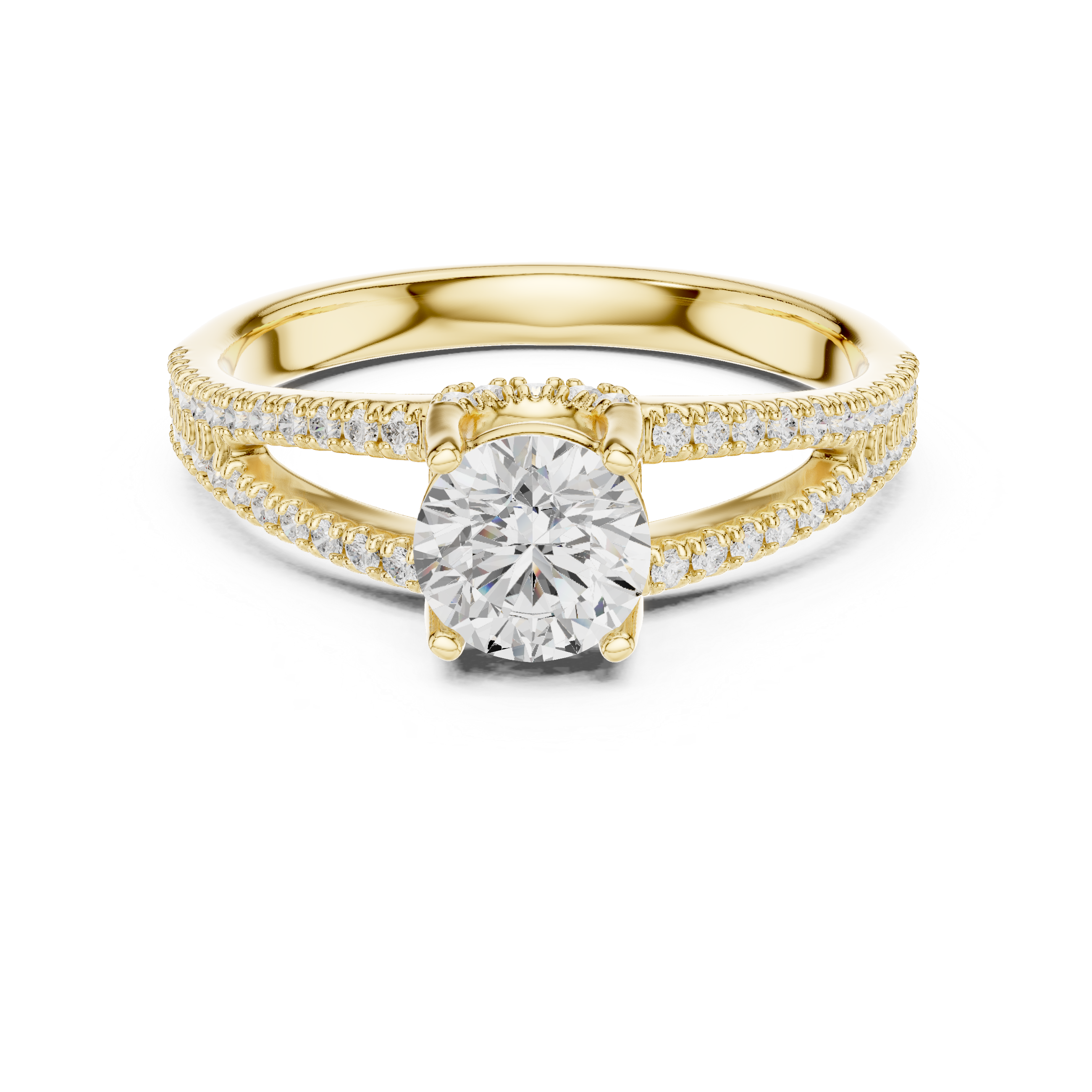 Round Cut Diamond Split Shank Engagement Ring with Hidden Halo