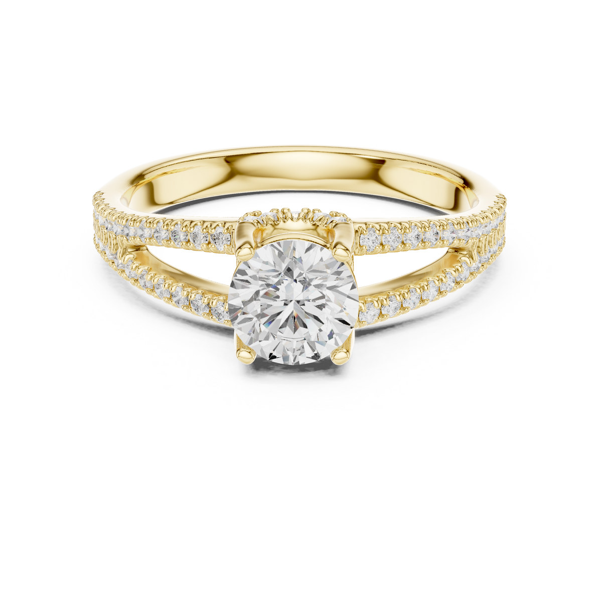 Round Cut Diamond Split Shank Engagement Ring with Hidden Halo