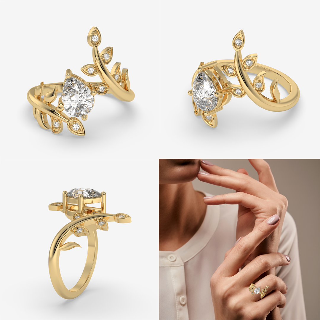 Pear & Round Cut Leaf Branch Ring