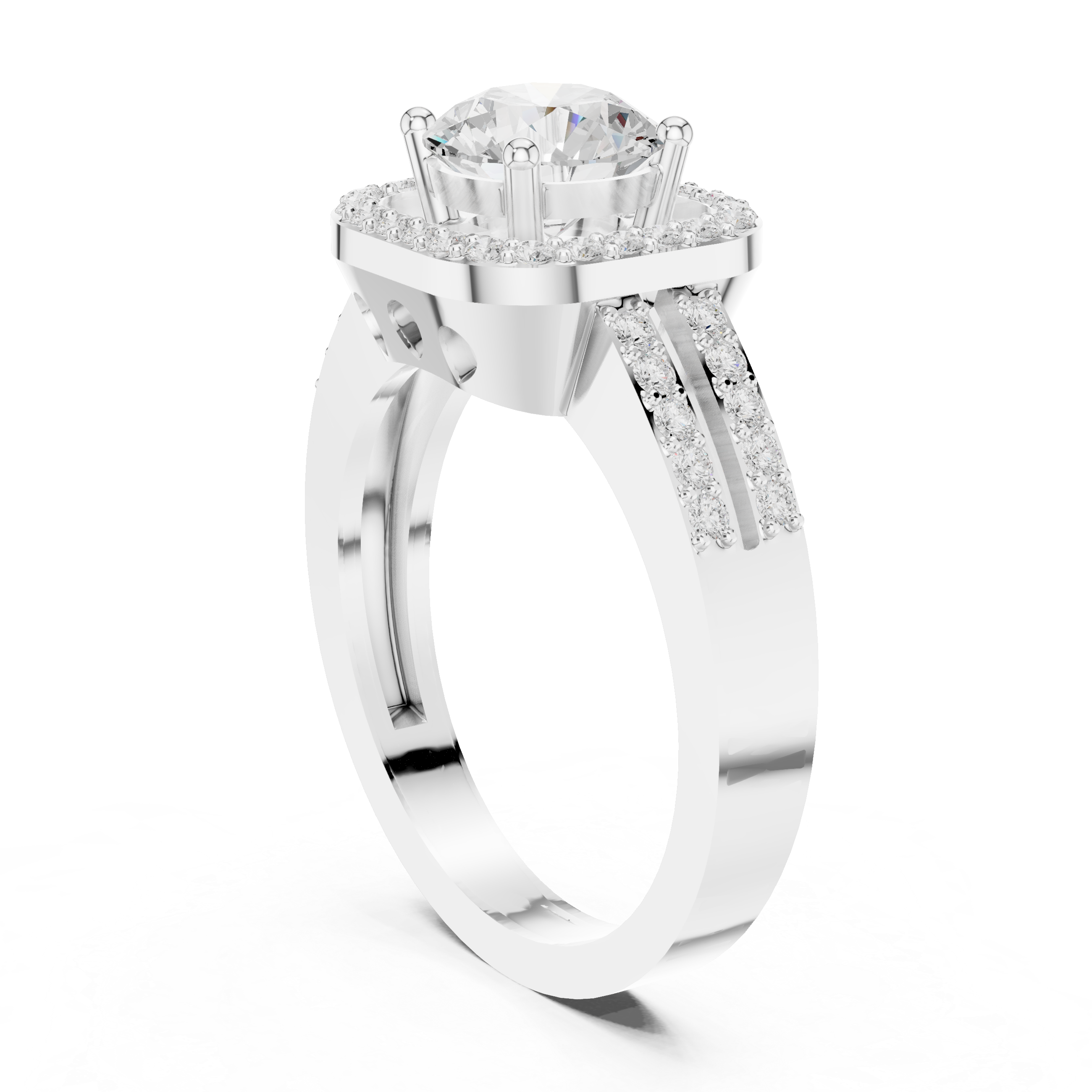 Round Cut Diamond Halo with Split Pave Shank Ring