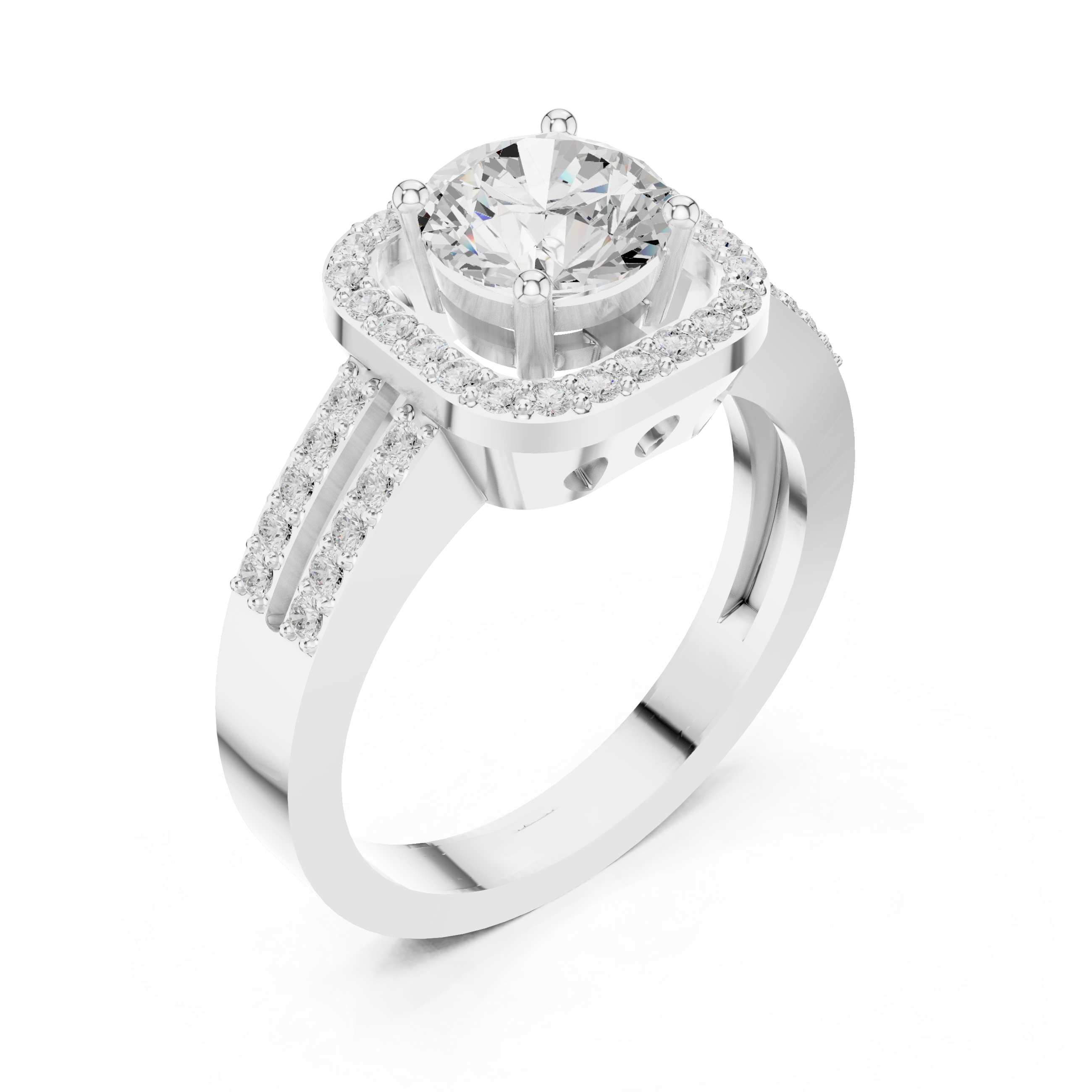 Round Cut Diamond Halo with Split Pave Shank Ring