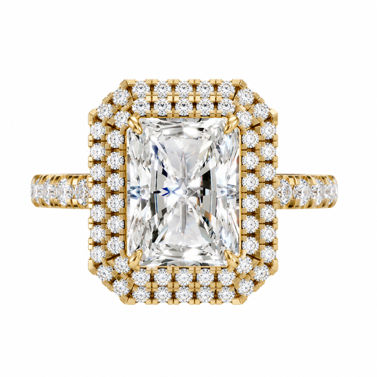 Radiant Cut Diamond with Double Halo Setting and Pave Engagement Ring