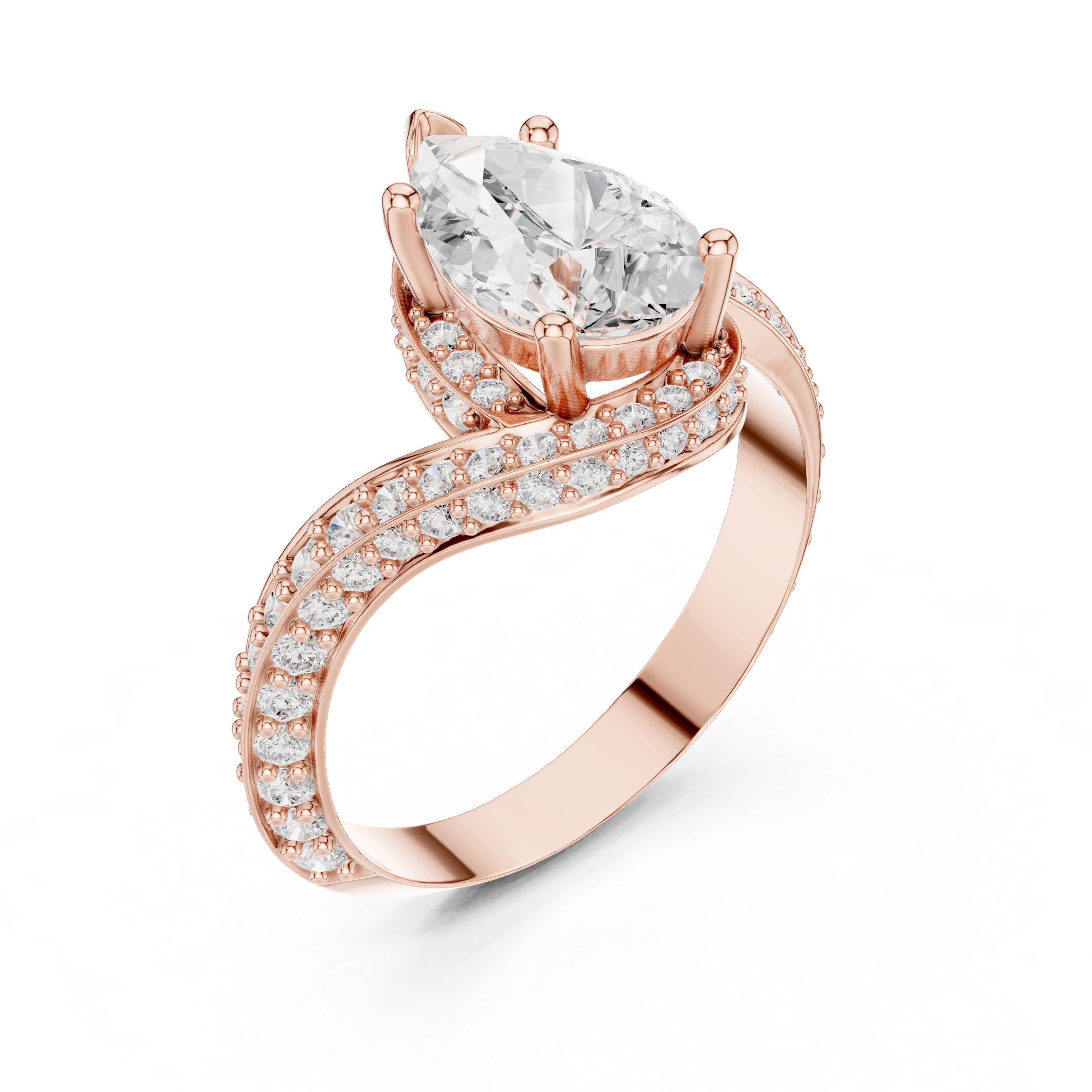 Pear Cut Diamond Bypass Two-Row Pave Hidden Halo Ring