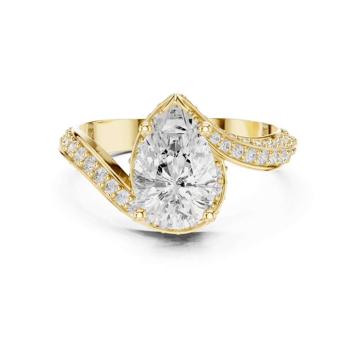 Pear Cut Diamond Bypass Two-Row Pave Hidden Halo Ring