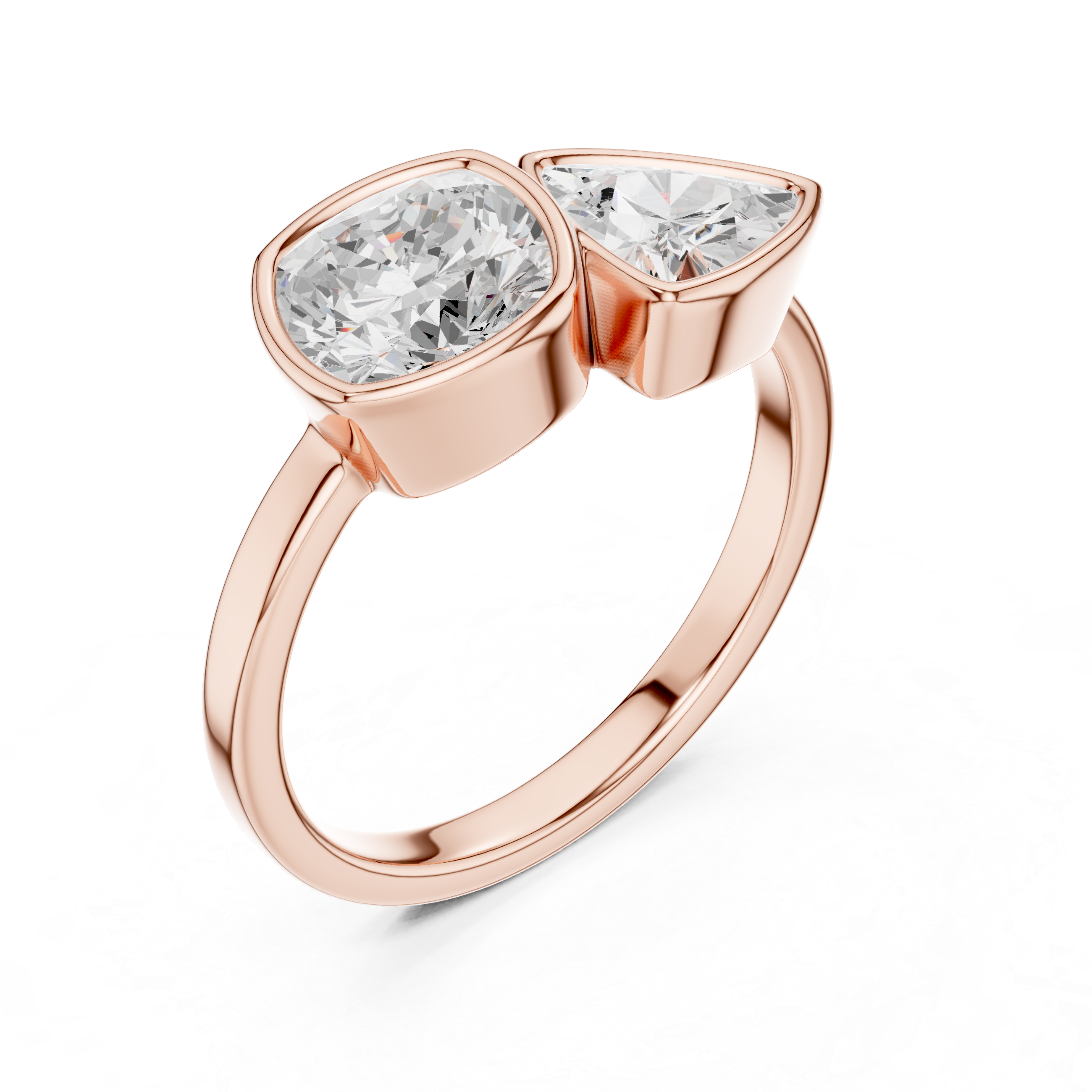 Toi et Moi Cushion & Trillion Cut Diamond Bezel Set Ring