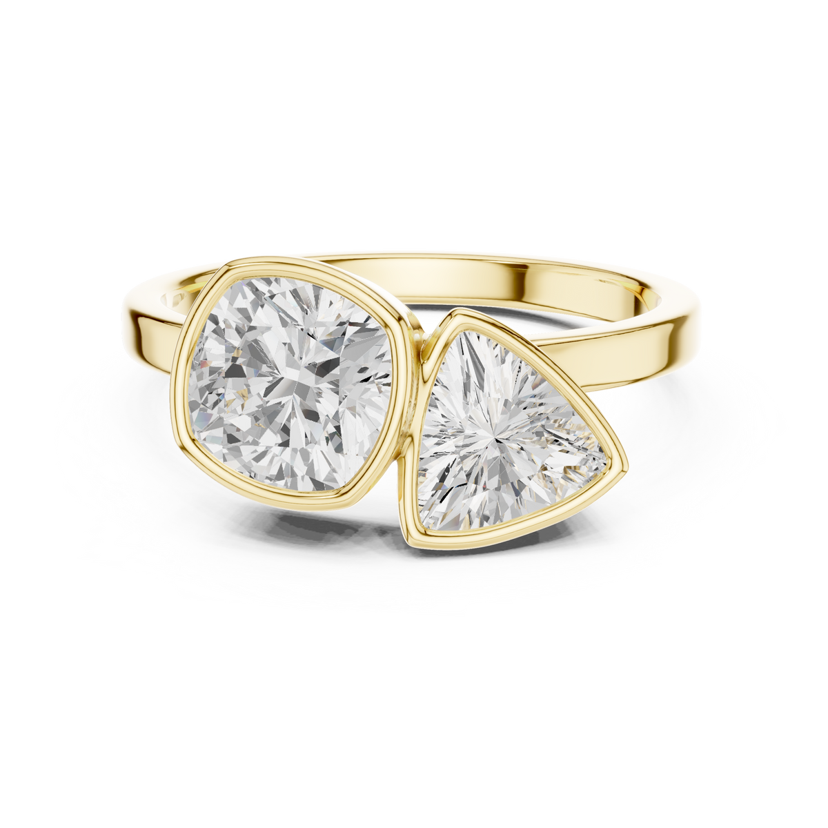 Toi et Moi Cushion & Trillion Cut Diamond Bezel Set Ring