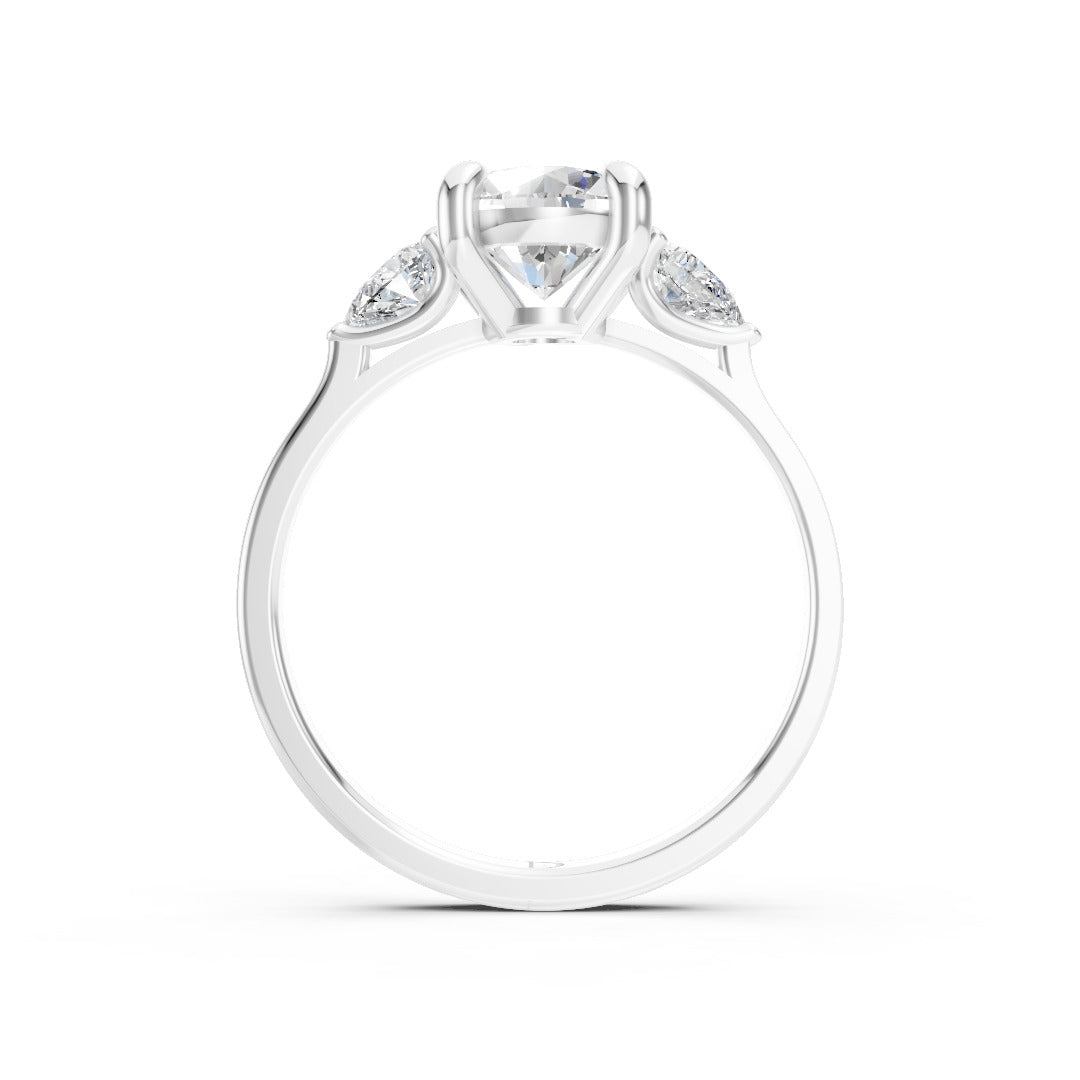 Round Cut Lab Diamond Claw Trilogy with Pear Side Stones ring