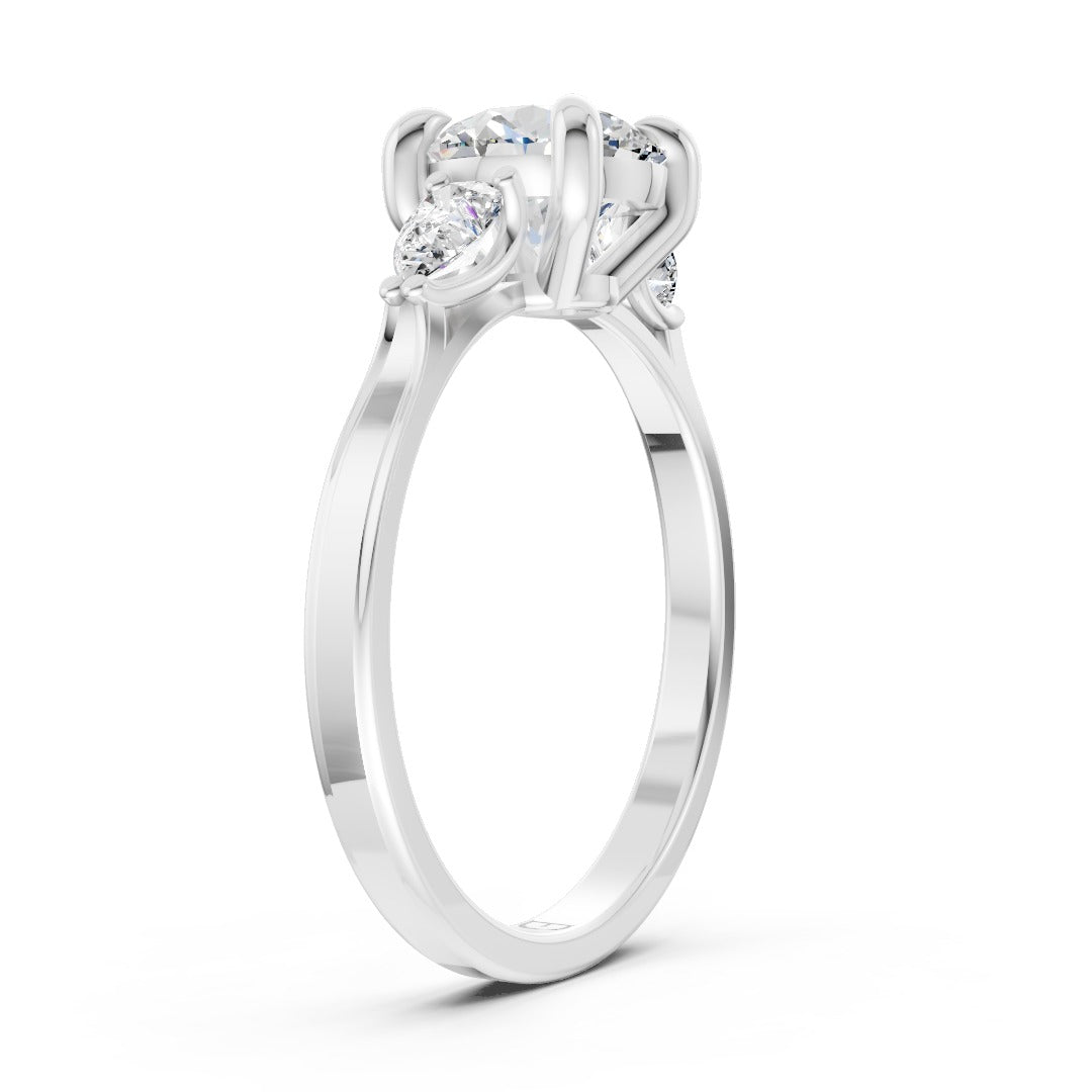 Round Cut Lab Diamond Claw Trilogy with Pear Side Stones ring