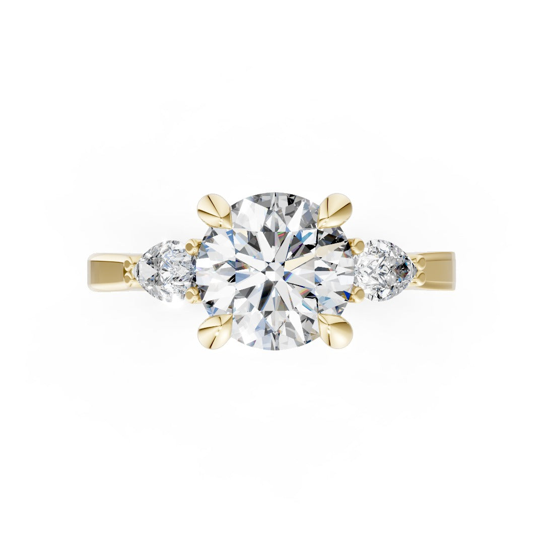 Round Cut Lab Diamond Claw Trilogy with Pear Side Stones ring