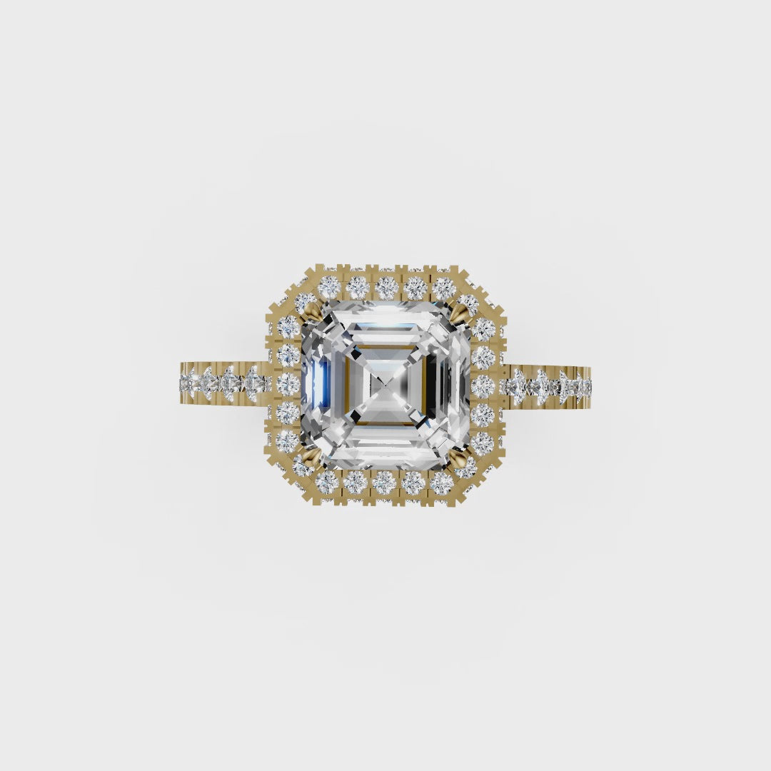 Asscher Diamond Halo Pave Set Ring